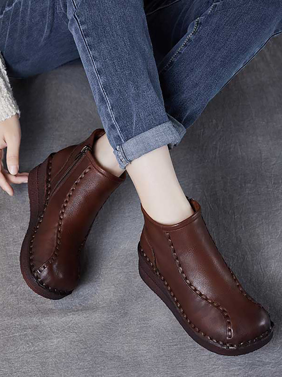 Women Retro Soft Leather Spliced Fleece-lined Mid-Heel Boots