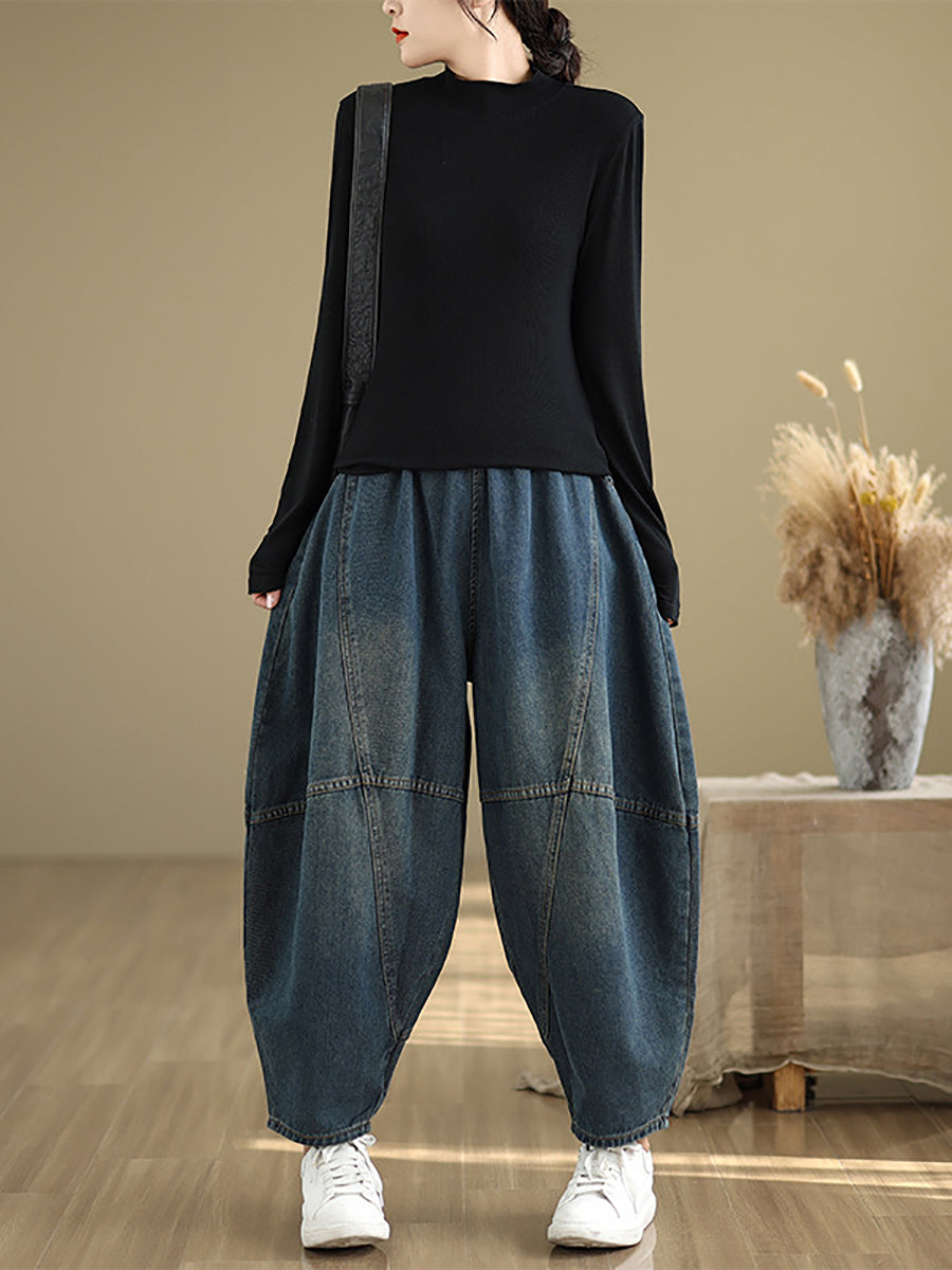 Women Autumn Vintage Denim Spliced Harem Pants