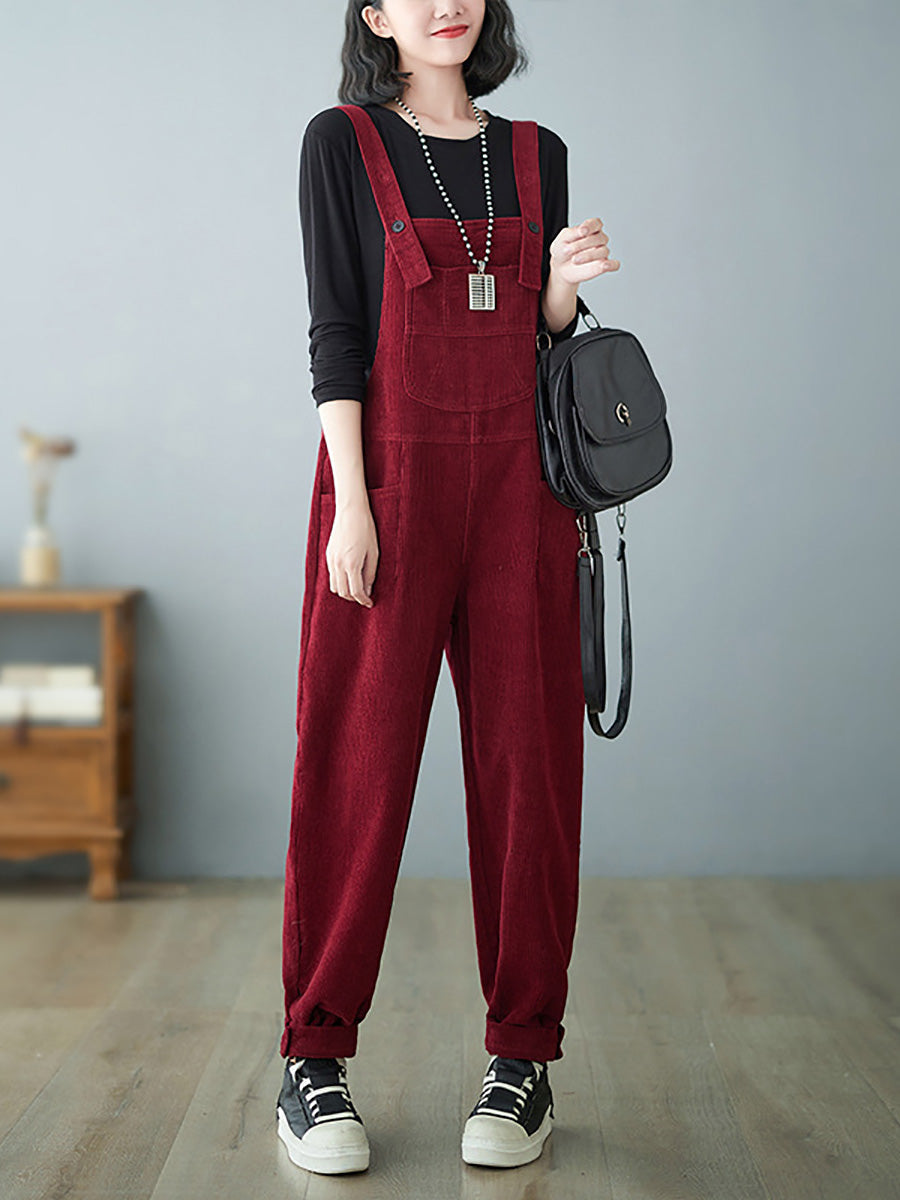 Women Casual Autumn Solid Corduroy Loose Jumpsuits