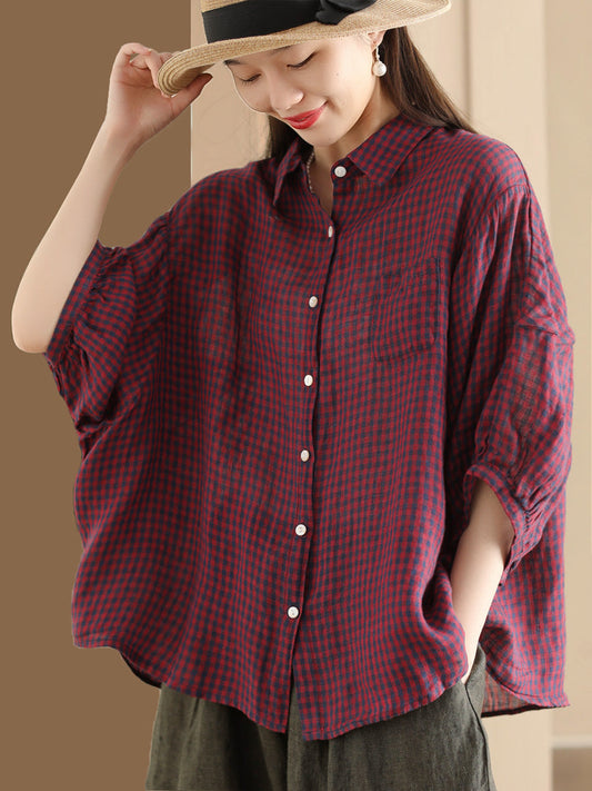 Women Summer Vintage Plaid Button-Up Linen Shirt