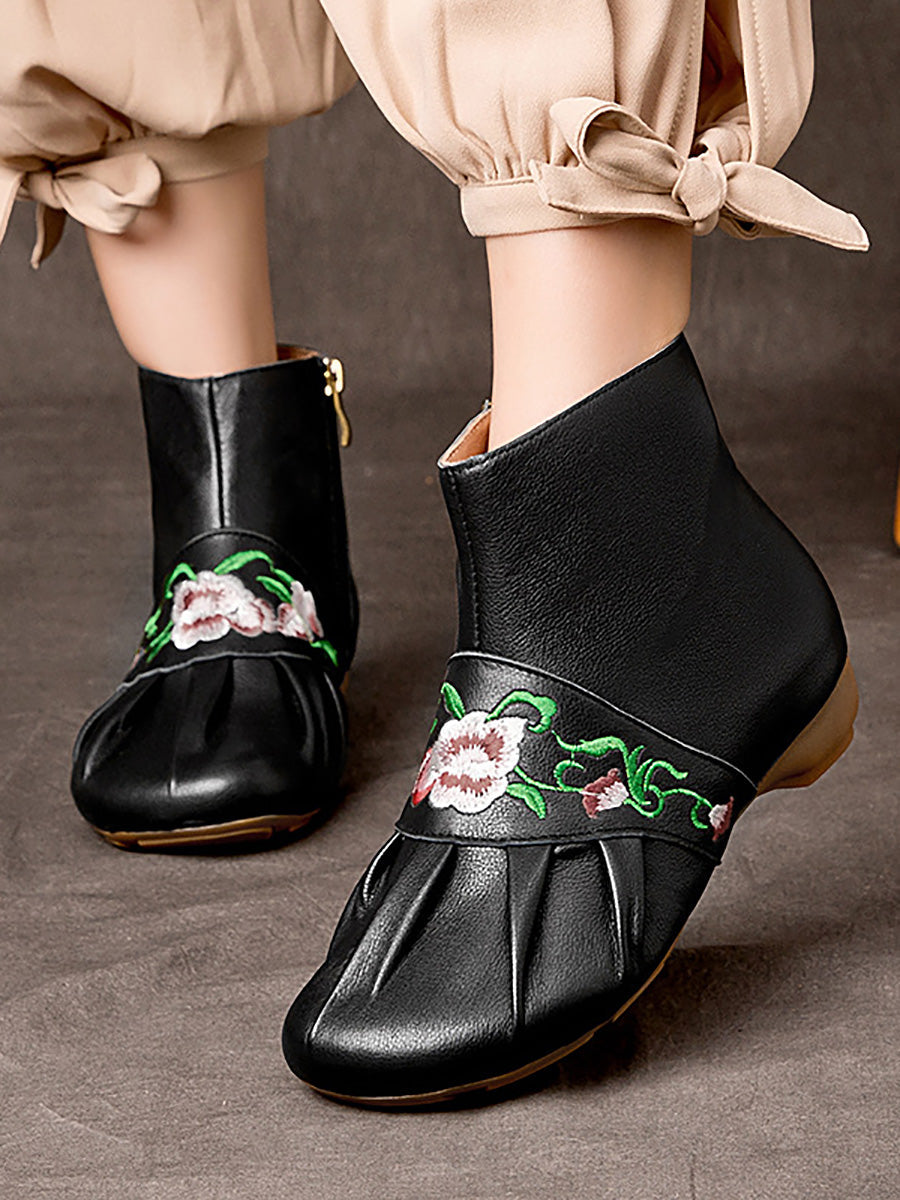 Women Ethnic Leather Embroidery Low Heel Boots