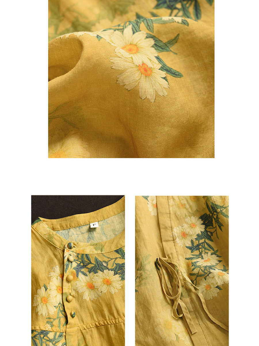 Women Summer Vintage Flower Strap O-Neck Ramie Shirt