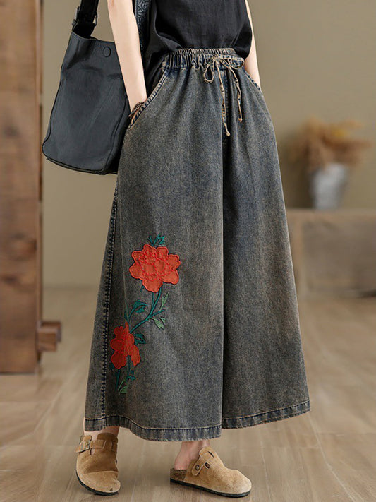 Women Summer Vintage Flower Denim Wide-leg Pants