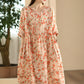 Women Summer Artsy Floral O-Neck Shirred Ramie Dress