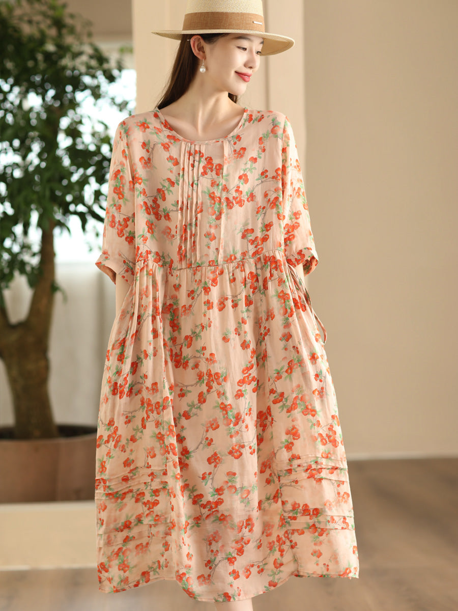 Women Summer Artsy Floral O-Neck Shirred Ramie Dress