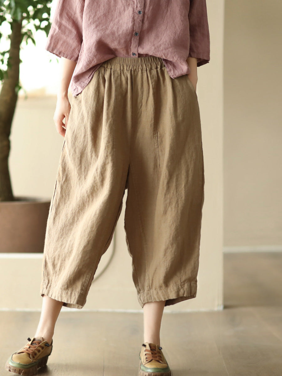 Women Summer Retro Solid Linen Loose Harem Pants