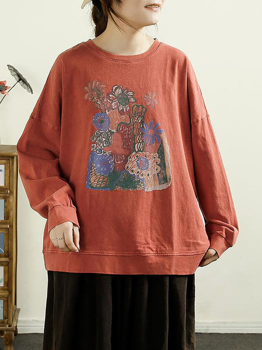 Women Casual Autumn Flower O-Neck Cotton Blouse