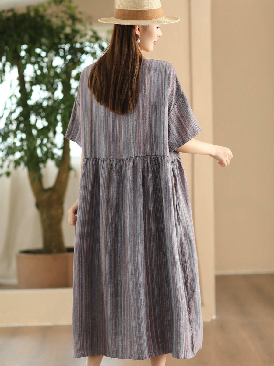 Women Summer Artsy Stripe Loose Linen Dress