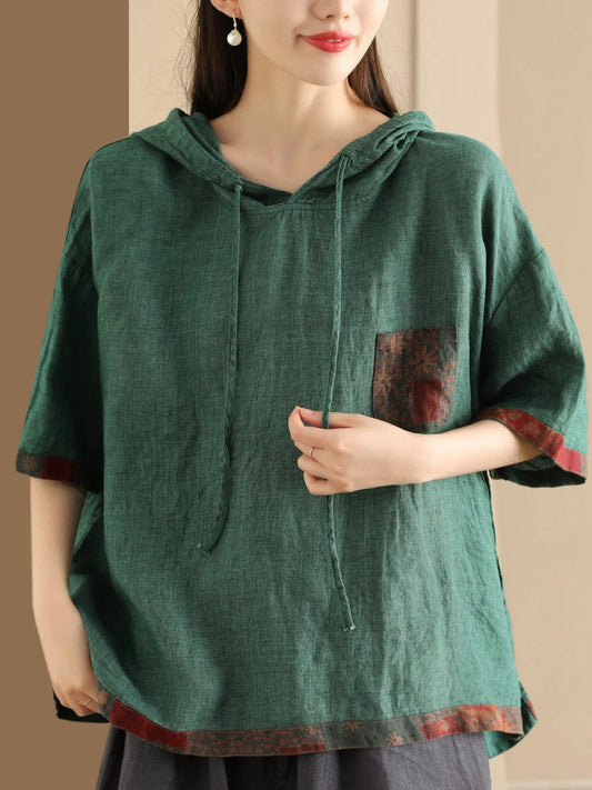 Women Summer Patch Spliced Hooded Linen Shirt