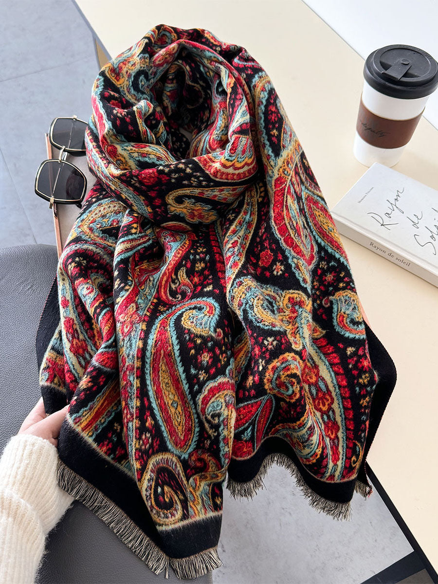 Women Vintage Print Tassel Autumn Shawl Scarf