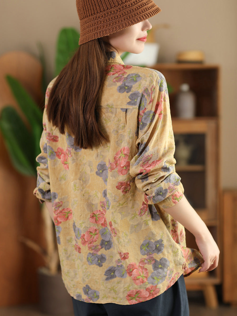 Women Autumn Vintage Flower Button-up Shirt