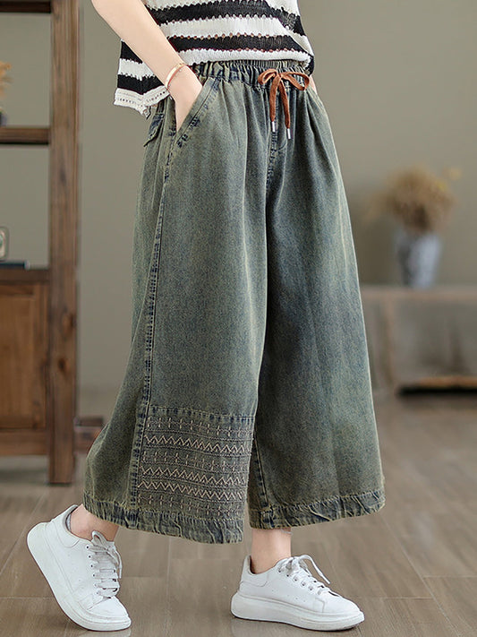 Women Summer Casual Embroidery Wide-leg Denim Pants