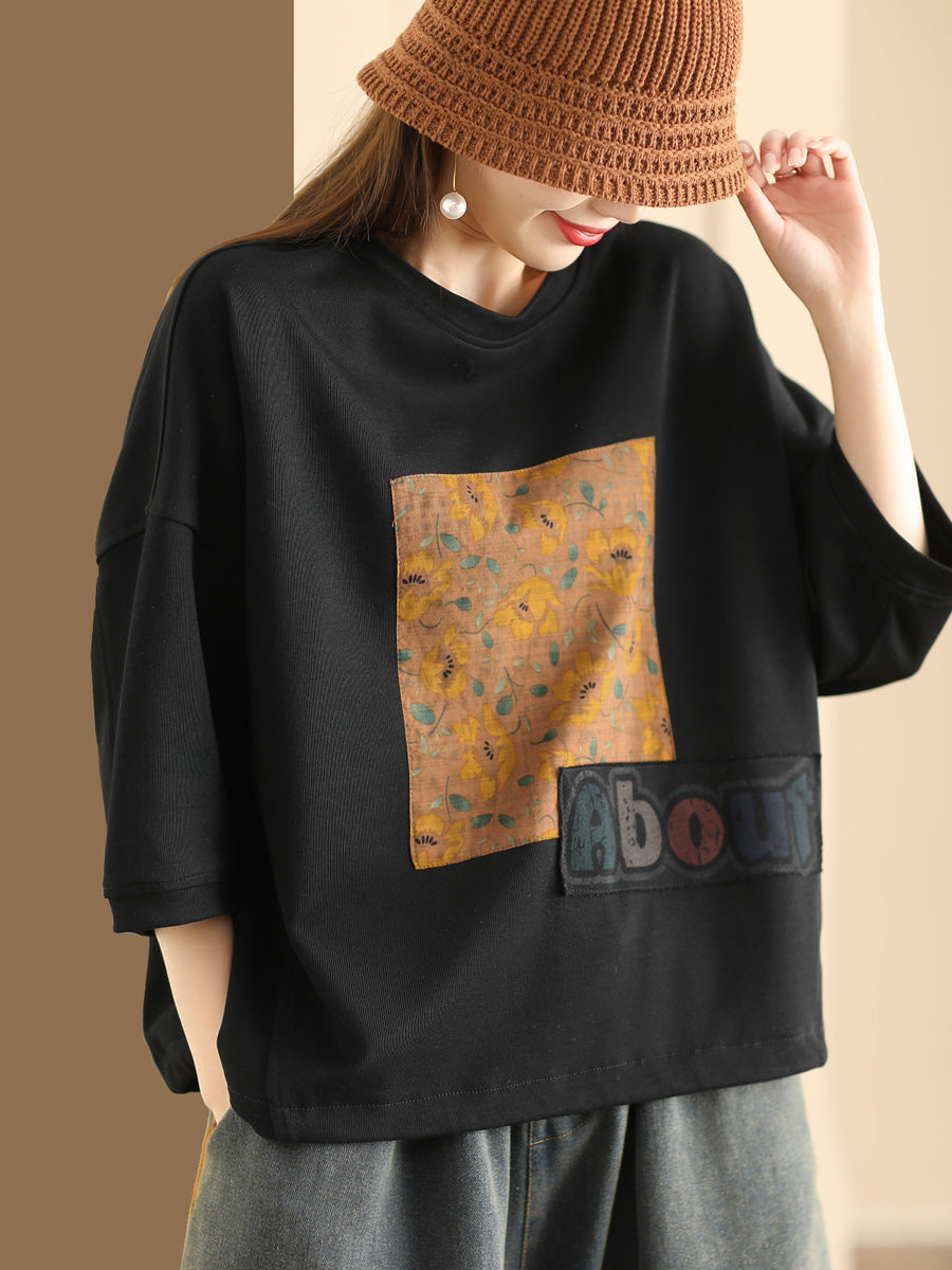 Women Summer Flower Spliced Pullover Shirt