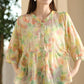 Women Summer Artsy Floral Strap Button Ramie Shirt