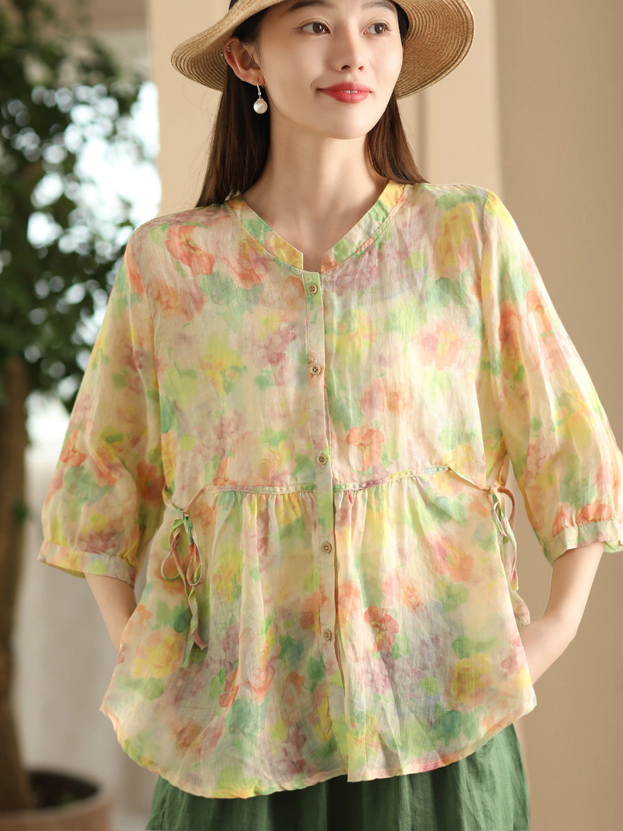 Women Summer Artsy Floral Strap Button Ramie Shirt