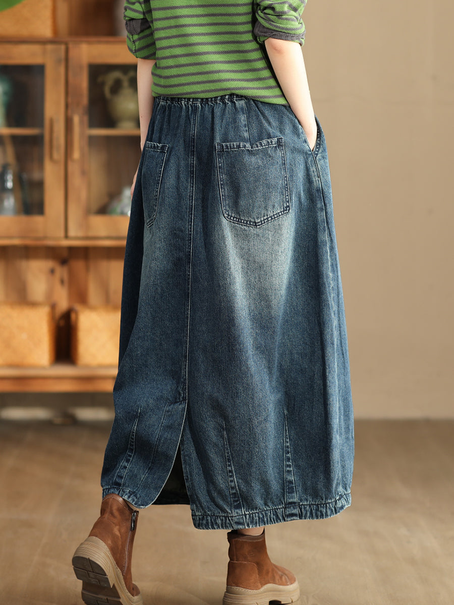 Women Autumn Casual Solid Back Hem Split Denim Skirt