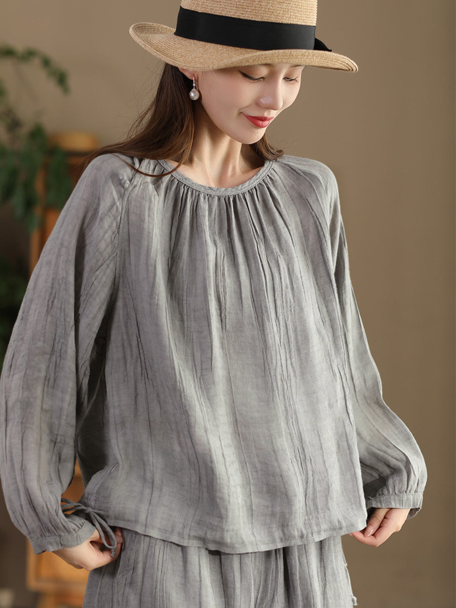 Women Summer Artsy Strap Hem O-Neck Ramie Blouse