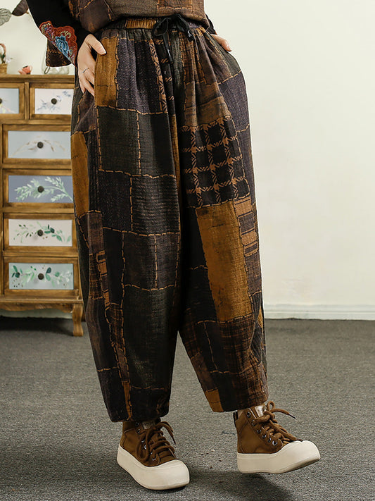 Women Autumn Plaid Spliced Cotton Harem Pants