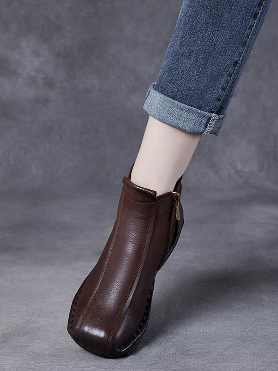 Women Autumn Genuine Leather Spliced Mid-Heel Boots