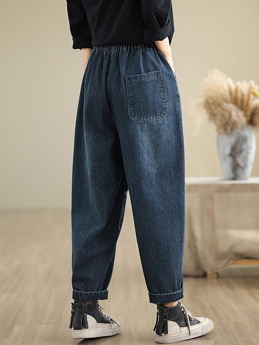 Women Autumn Artsy Embroidery Denim Harem Pants