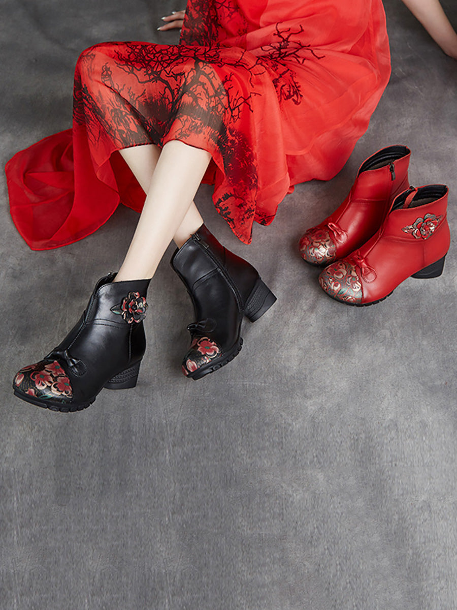 Women Ethnic Autumn Flower Spliced Leather Mid-Heel Boots