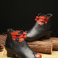 Women Retro Genuine Leather Flower Spliced Chunky Heel Boots