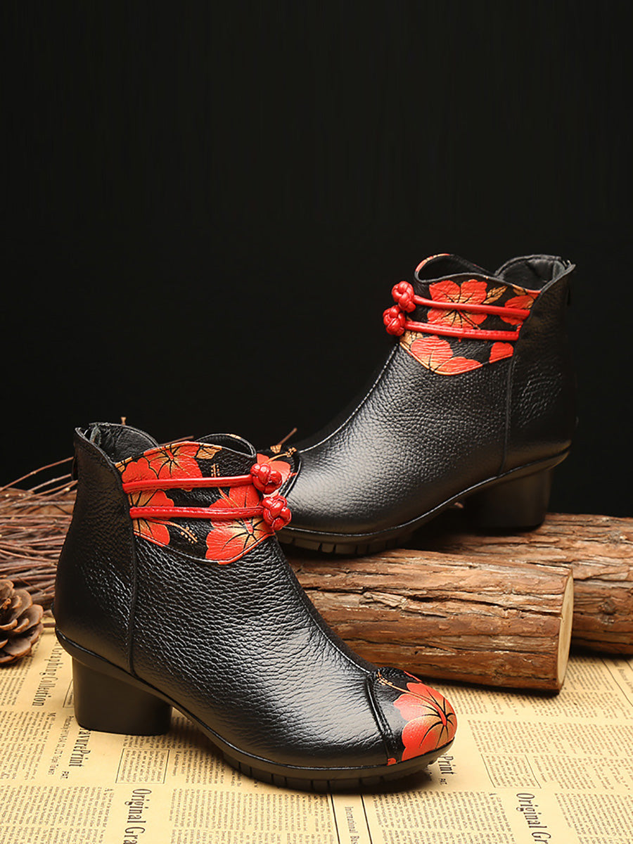 Women Retro Genuine Leather Flower Spliced Chunky Heel Boots