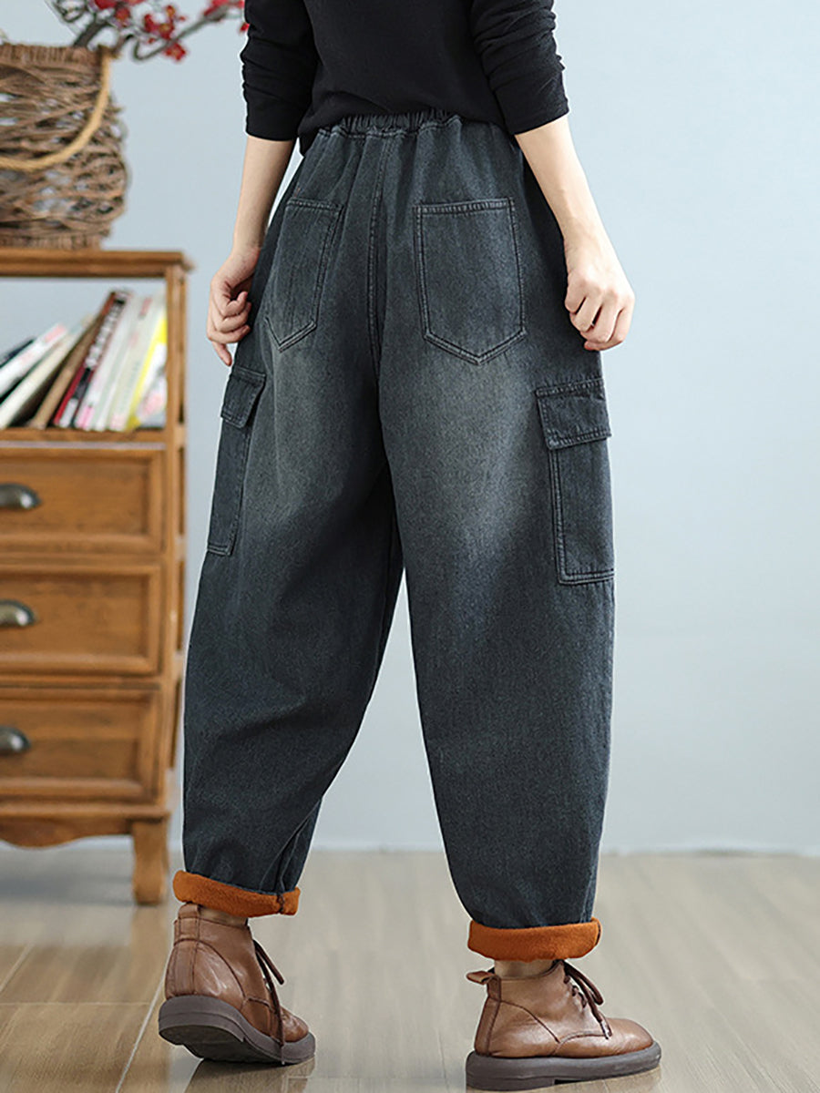 Women Winter Casual Fleece-lined Denim Harem Pants