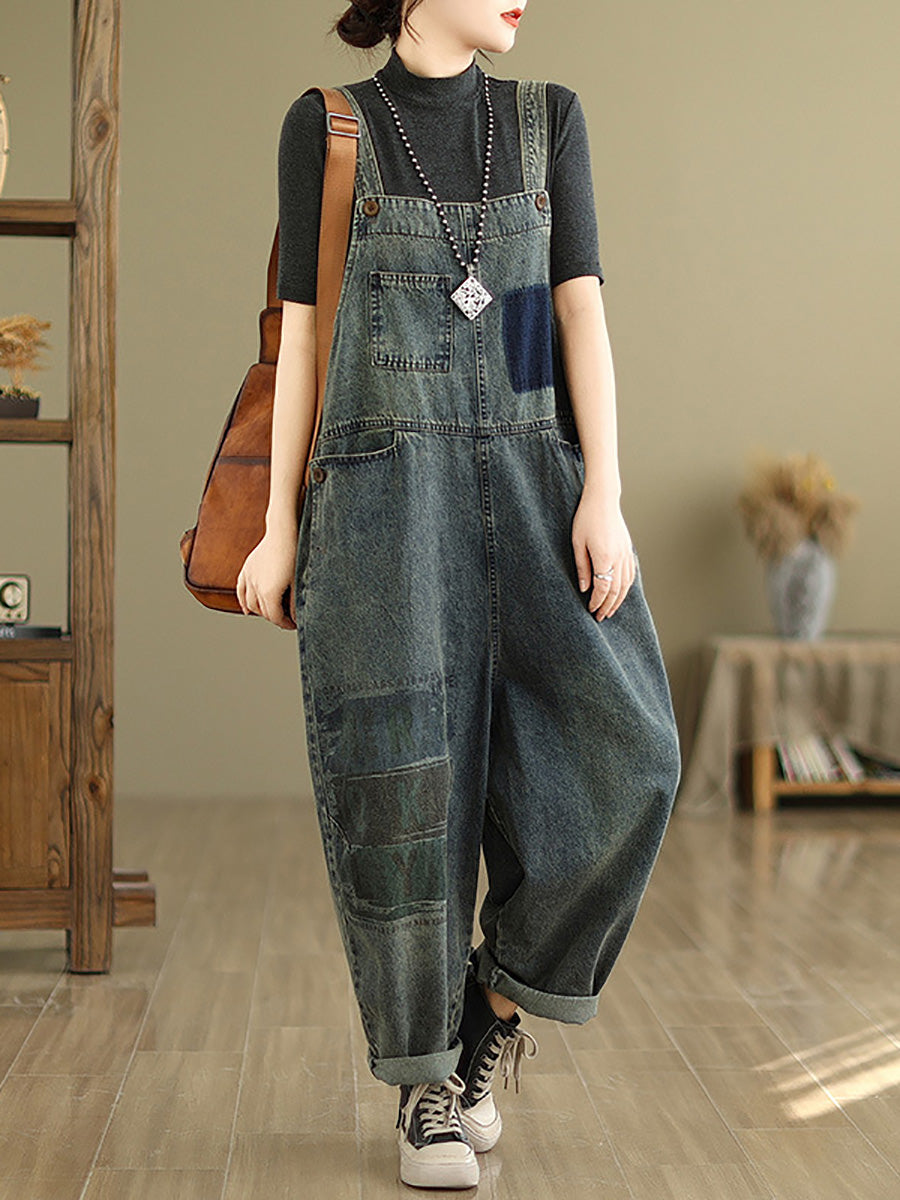 Women Retro Patchwork Loose Washed Denim Jumpsuits