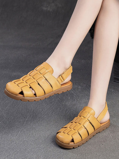 Women Summer Casual Leather Weave Solid Flat Shoes