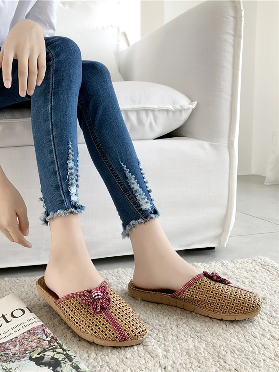 Couple Summer Straw Weave Flower Indoor Flat Slippers