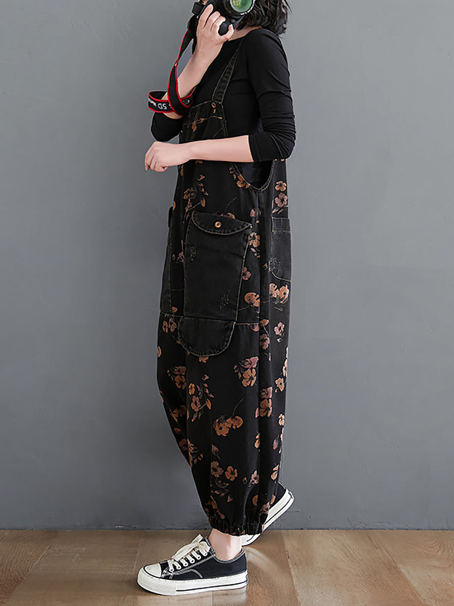 Women Autumn Worn Flower Patchwork Loose Denim Jumpsuits