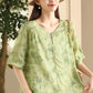 Women Summer Artsy Flower V-Neck Thin Ramie Shirt