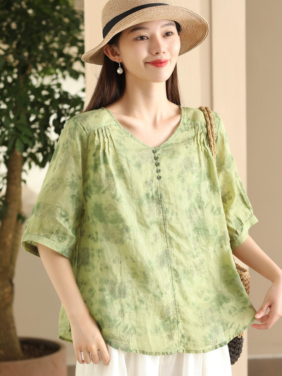 Women Summer Artsy Flower V-Neck Thin Ramie Shirt