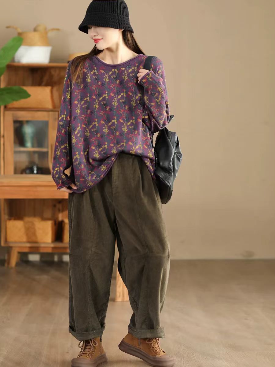 Women Artsy Autumn Floral Hemming Cotton Blouse