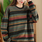 Women Casual Autumn Colorblock Stripe O-Neck Cotton Sweatshirt