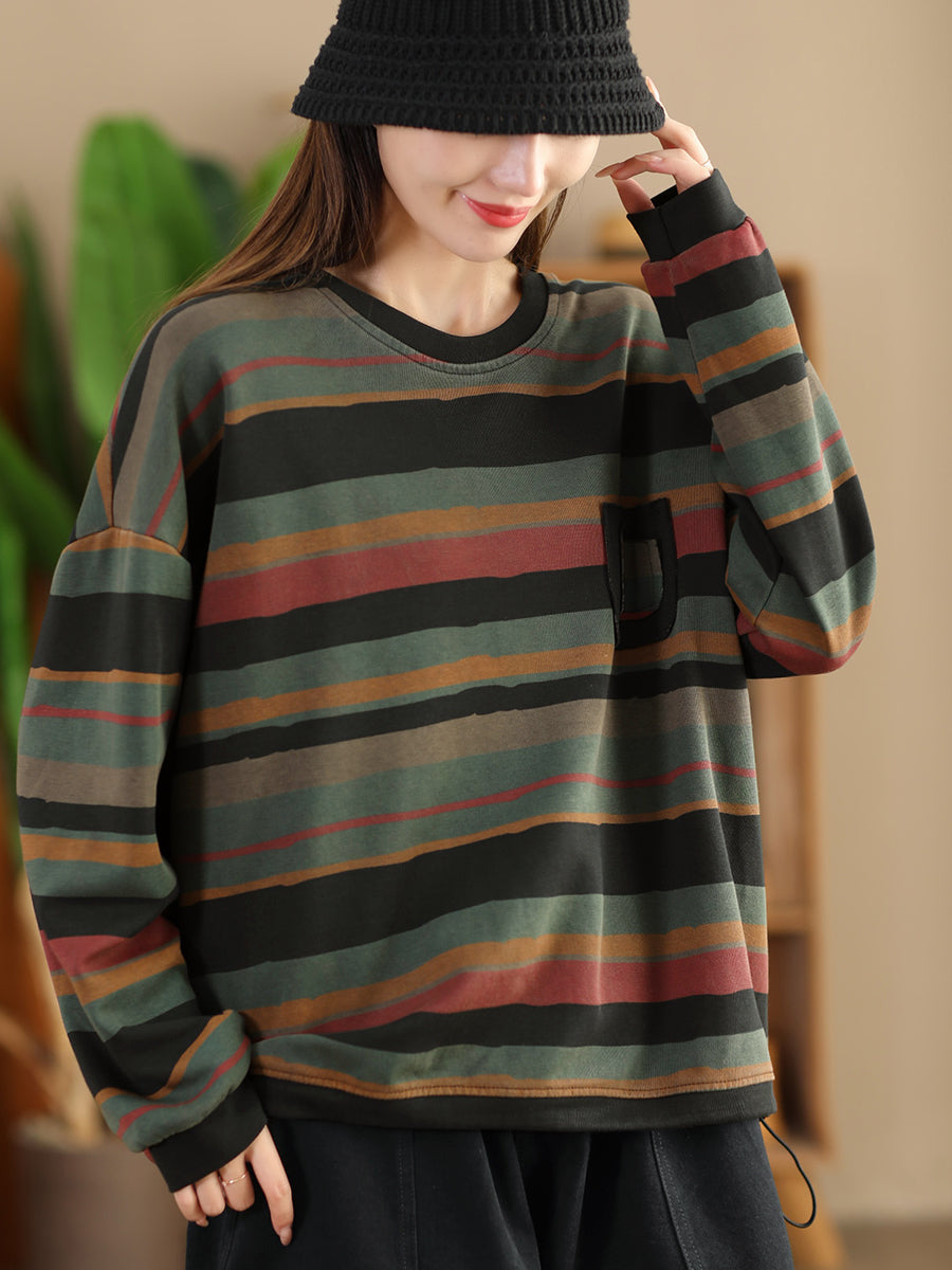 Women Casual Autumn Colorblock Stripe O-Neck Cotton Sweatshirt