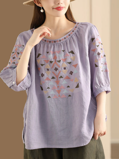 Women Summer Vintage Embroidery O-Neck Ramie Shirt