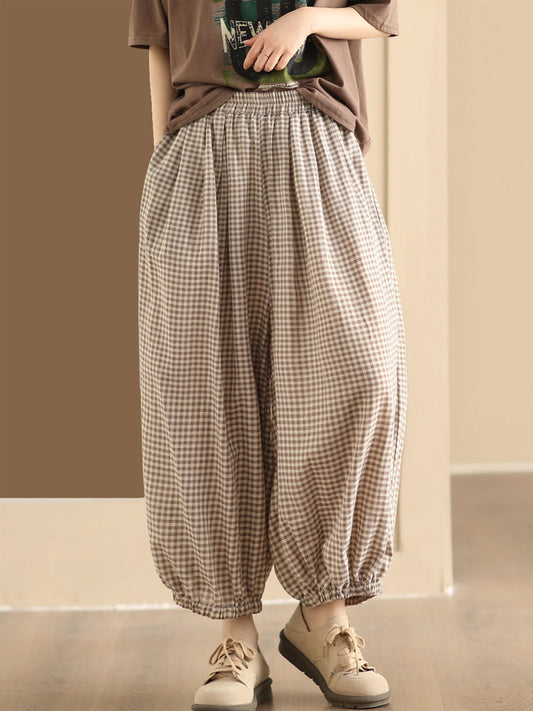 Women Summer Vintage Plaid Cotton Harem Pants