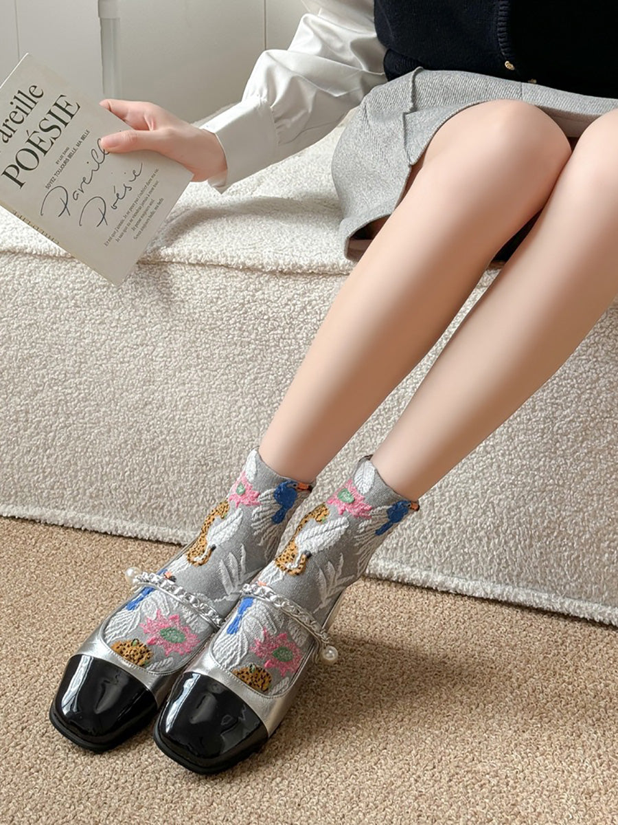 5 Pairs Women Winter Flower Animals Jacquard Socks