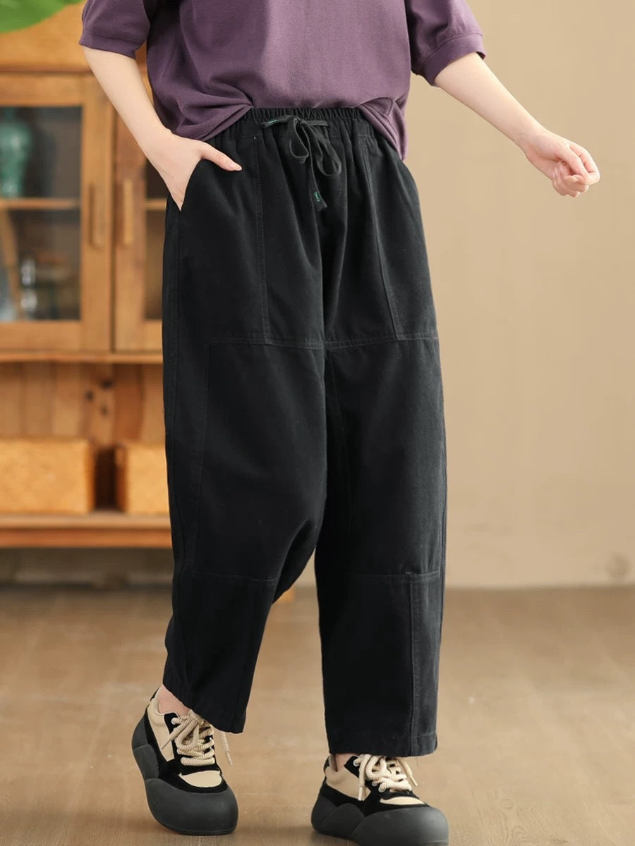 Women Autumn Vintage Solid Spliced Pocket Harem Pants