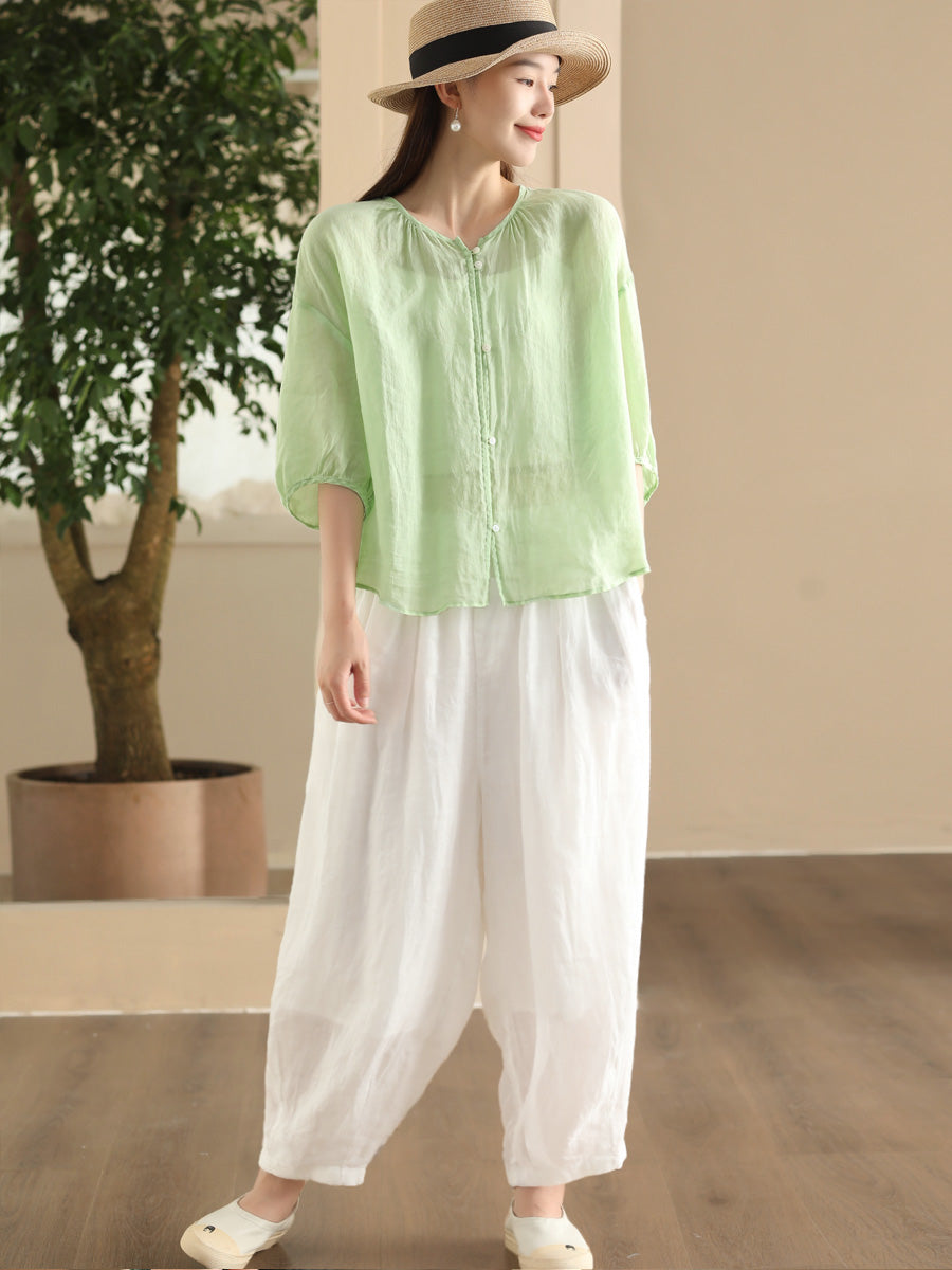 Women Summer Vintage Solid Button O-Neck Thin Ramie Shirt