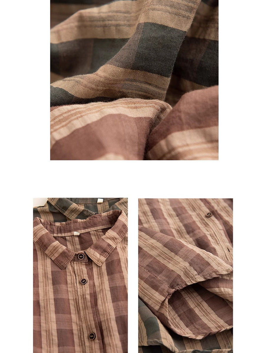 Women Autumn Vintage Plaid Button-up Linen Blouse