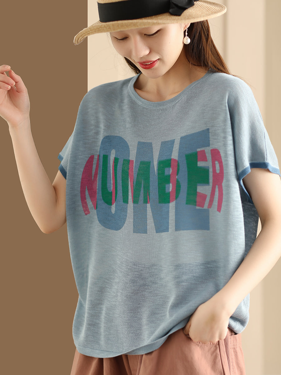 Women Summer Letter Printing Knitted Loose Shirt