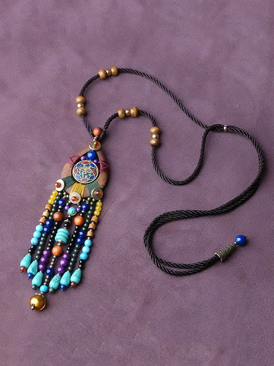 Women Ethnic Bohemian Wooden Bead Tassel Necklace