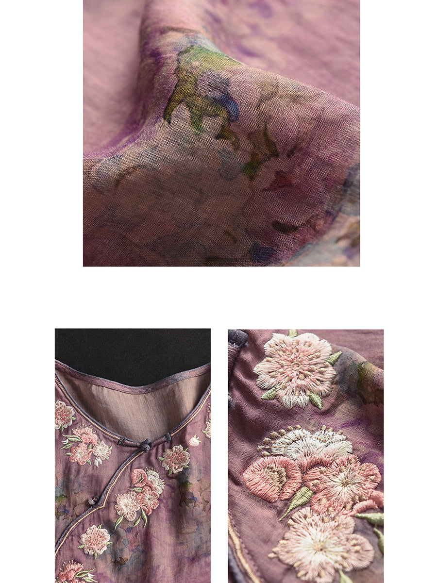 Women Summer Artsy Flower Embroidery O-Neck Shirt