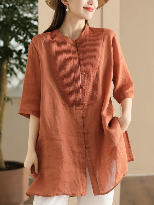 Women Summer Artsy Shirred Solid Button-up Ramie Shirt