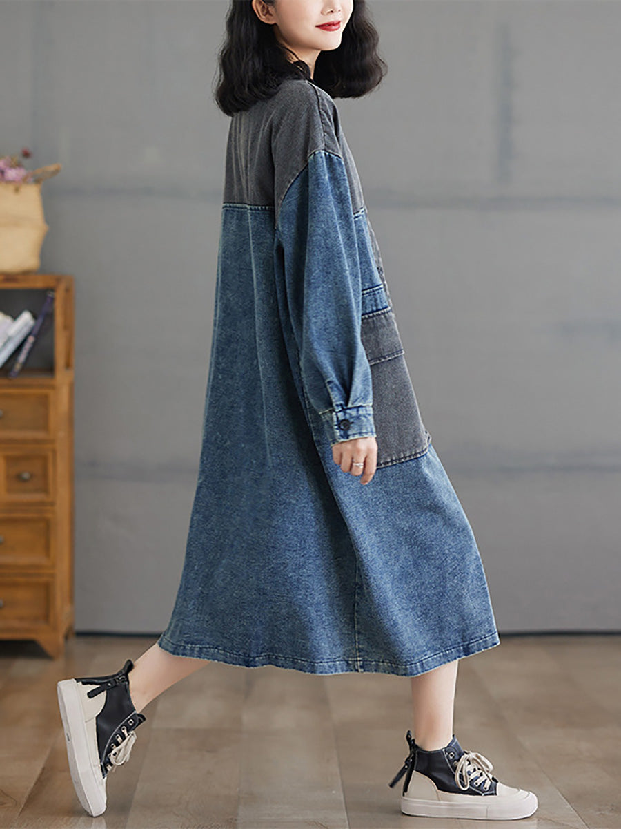 Women Autumn Worn Colorblock Denim Long Coat