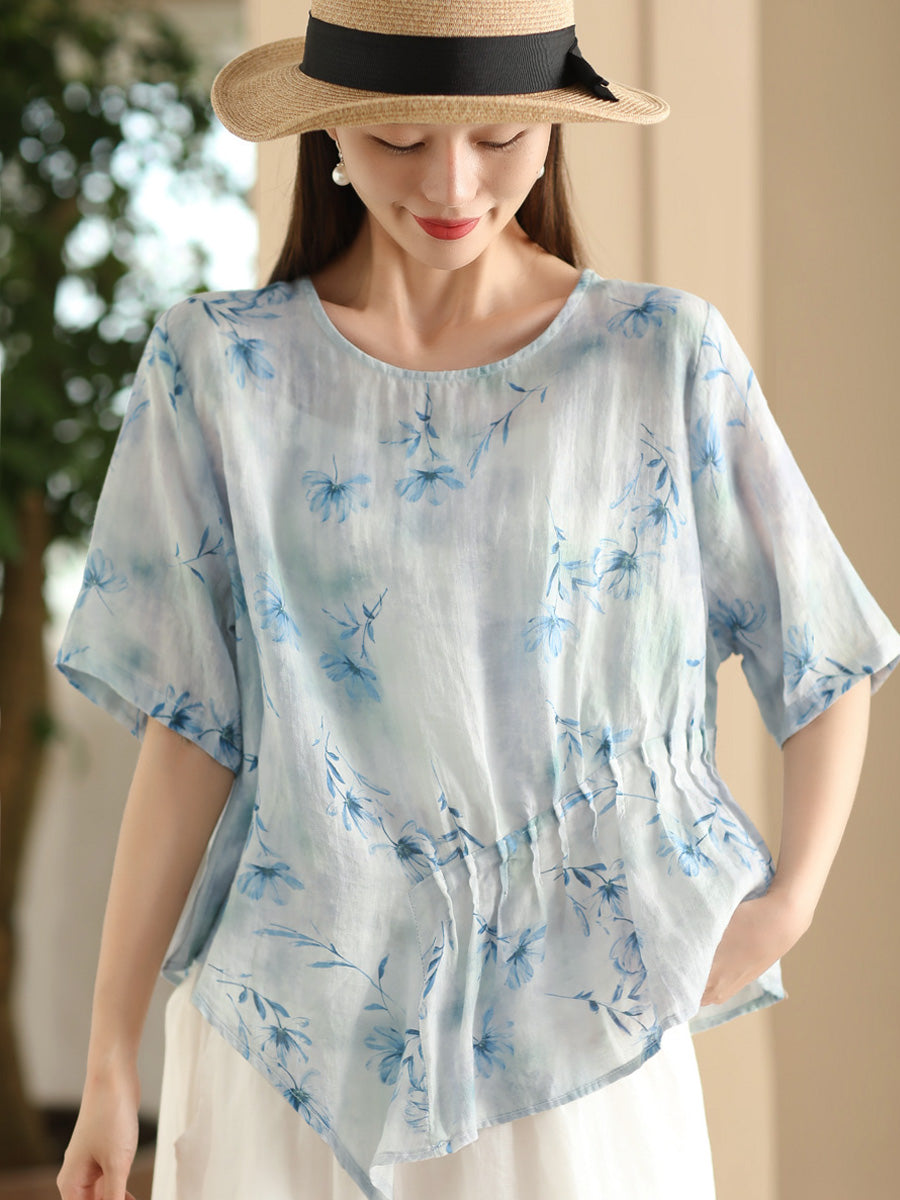 Women Summer Artsy Floral Shirred Ramie Shirt