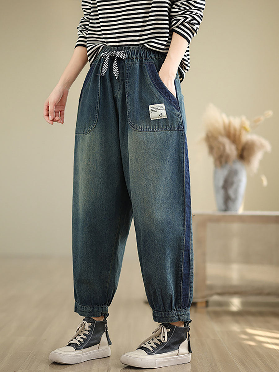 Women Casual Pockets Washed Denim Harem Pants